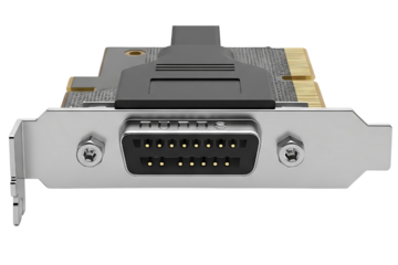 Close-up of computer expansion card with connector port isolated on a transparent background