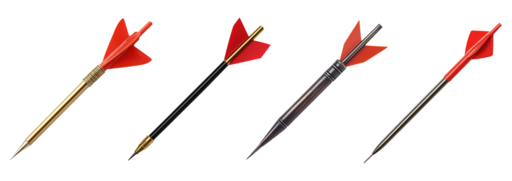 Four metallic dart arrows isolated on transparent background