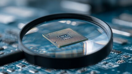 A close-up view of a microprocessor under a magnifying glass, showcasing intricate details of its circuitry.