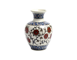 Side-Angle View of Antique Vase with Floral Motifs, Soft Shadow on White Background