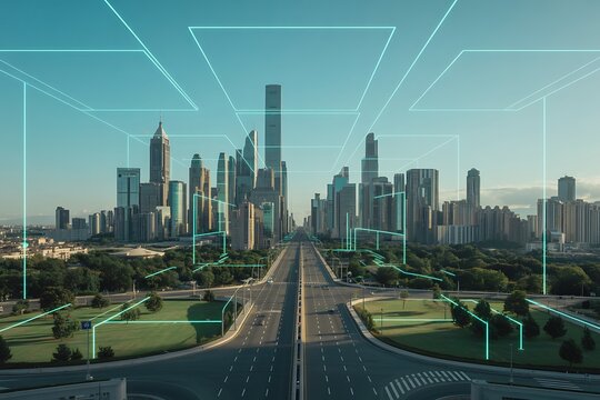 Futuristic city skyline with glowing digital network lines overlaying a wide avenue and green parkland