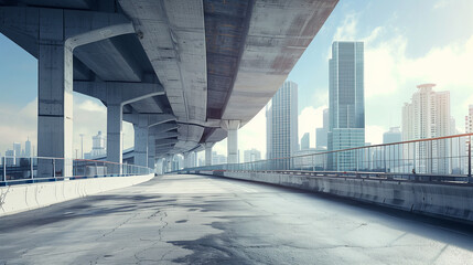 Concrete overpass with urban skyline