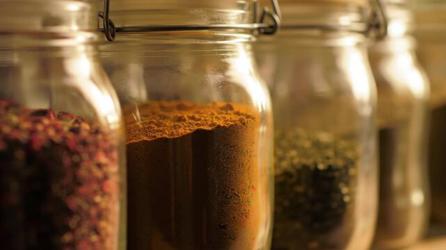 Glass jars filled with various colorful spices in a row