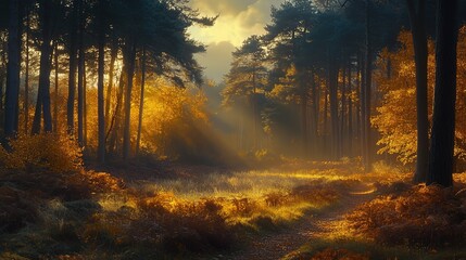 Fototapeta premium Sunlit Autumn Forest with Golden Rays and Pathway