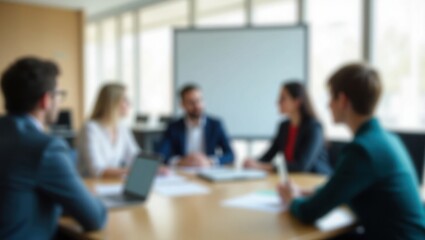 blurred photo of business people sitting around the table in an office, captured from behind and in focus, symbolizing collaboration within company or between different quaint style icons.