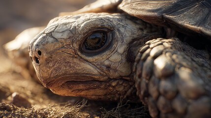 Intricate close-up of a desert tortoise's weathered eye and textured shell under warm sunlight