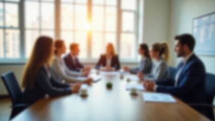 blurred photo of business people sitting around the table in an office, captured from behind and in focus, symbolizing collaboration within company or between different quaint style icons.