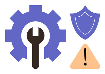 Gear with wrench at center, shield, and warning triangle with exclamation mark. Ideal for repair, security, protection, caution, IT maintenance troubleshooting and service. Simple flat metaphor