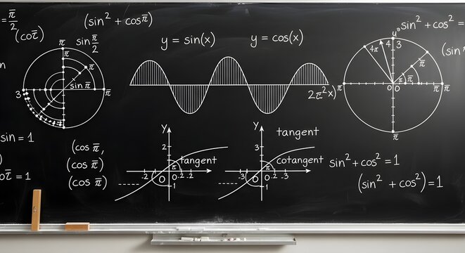 Mathematical equations and trigonometric functions drawn on a blackboard, featuring sine, cosine, tangent graphs, unit circles, and formulas illustrating fundamental trigonometry concepts.