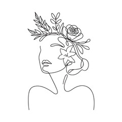Woman Face with Floral Crown Line Art – Feminine Botanical Icon for Trendy Aesthetic. Simple Linear Style