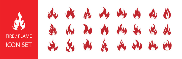 Flame vector collection with fire icons, flammable sign silhouettes, campfire and energy flame symbols.
