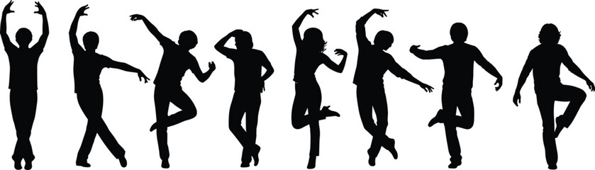 Silhouette of eight dancers in dynamic poses, various dance movements, expressive performance art concept, modern style, creative energy, black vector illustration