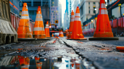 Construction zone with orange cones 