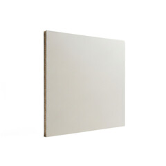 An angled view of a square piece of blank, off-white cardboard showing its corrugated edge, isolated on a white background.
