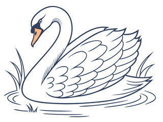 Obraz premium Elegant White Swan Illustration: Graceful Bird on Water, Line Art Drawing isolated on transparent background