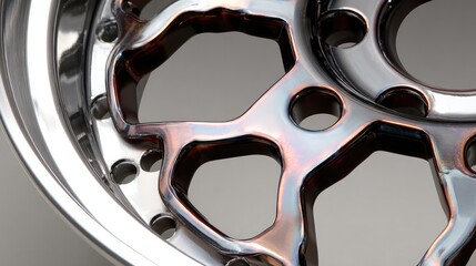 Shiny metallic wheel rim with intricate geometric design, reflecting studio lighting.