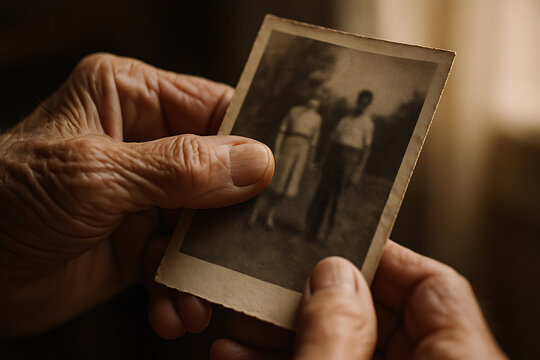Elderly hands holding a faded vintage photograph, evoking nostalgia and memories of the past.