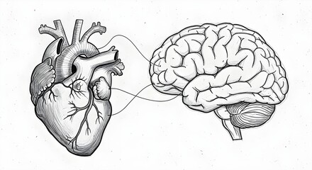 Detailed black and white pencil sketch illustrating the symbolic connection between the human heart and brain, linked by flowing lines on a clean white background, representing mind-heart harmony.