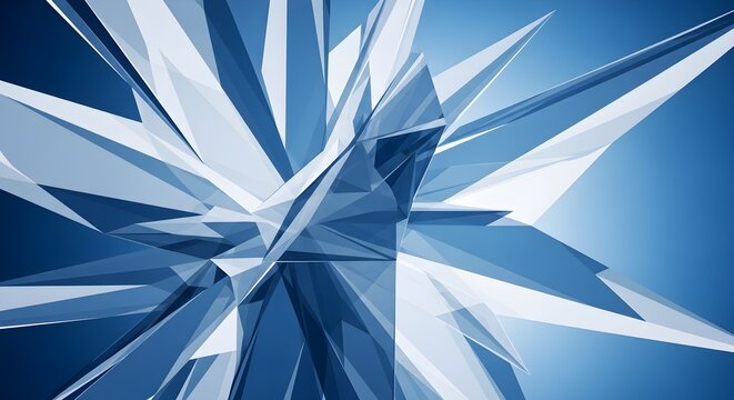 Abstract 3D geometric composition with sharp, overlapping blue and white crystal-like shapes creating a dynamic, futuristic, and fragmented structure on a soft blue gradient background.