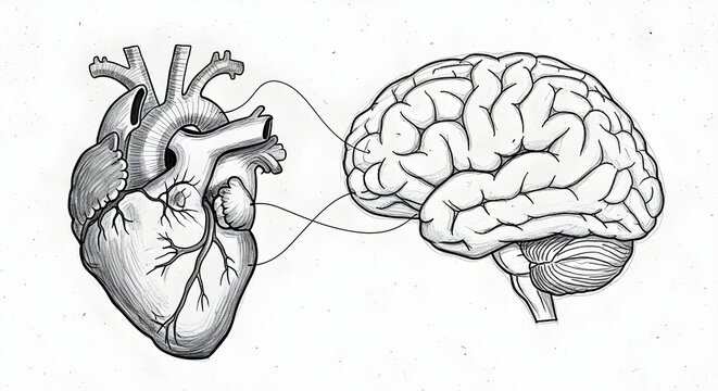 Detailed black and white pencil sketch illustrating the symbolic connection between the human heart and brain, linked by flowing lines on a clean white background, representing mind-heart harmony.