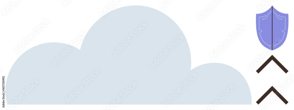 Poster cloud representing storage with an ascending shield for protection and arrows for network flow. idea