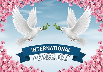 International day of peace two white doves with olive branches fly towards each other against a blue sky with pink blossoms and a banner reading international peace day