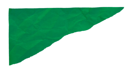 corner of crumpled green paper with torn edges stuck on transparent background.
