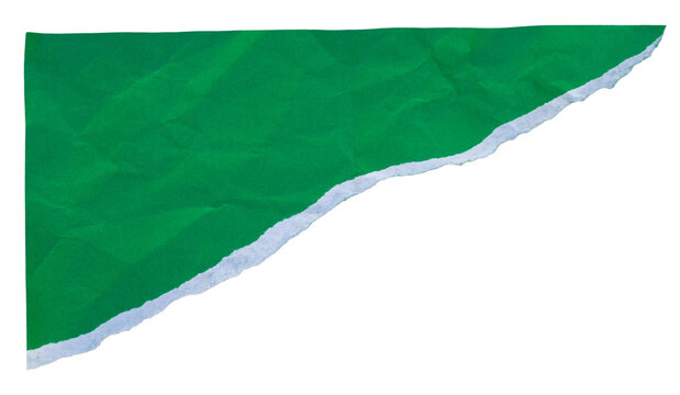corner of crumpled green paper with torn edges stuck on transparent background.