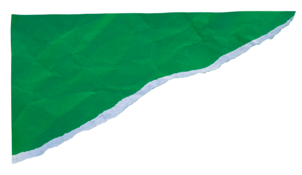 corner of crumpled green paper with torn edges stuck on transparent background.