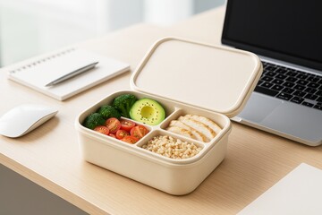 Healthy lunch in bento box with vegetables, chicken and grains on modern office desk with laptop and notebook in clean bright workspace setting. Ai generative