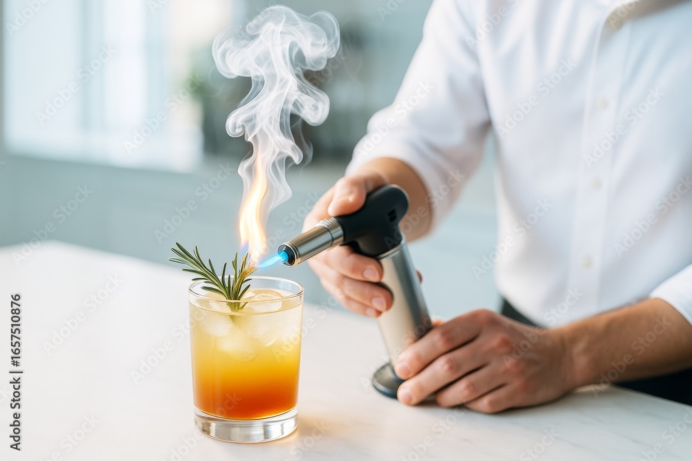 Poster bartender using torch to flame rosemary garnish on cocktail with ice cube in glass on bright backgro