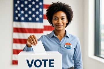 Confident young woman voting at polling station with ballot box and patriotic badge, smiling in front of American flag background indoors. Ai generative