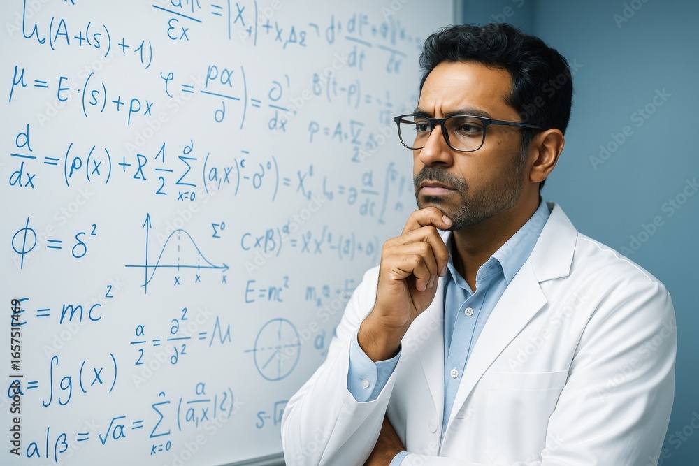Aufkleber thoughtful scientist in lab coat analyzing complex mathematical formulas on whiteboard with focused 