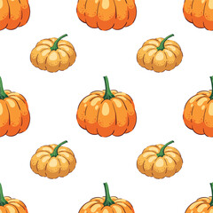 Pattern with pumpkins of different sizes, yellow and orange, autumn harvest, Halloween