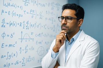 Thoughtful scientist in lab coat analyzing complex mathematical formulas on whiteboard with focused expression in modern academic background. Ai generative