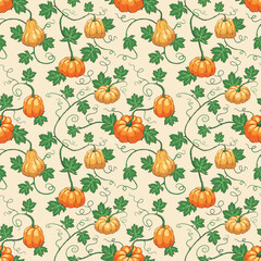 Vintage pattern with pumpkins and green leaves, curly greenery shoots, and a seamless texture