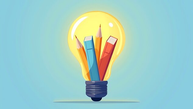 Minimal illustration of light bulb filled with book pages and pencils inside, creative idea for innovation in education, flat vector style