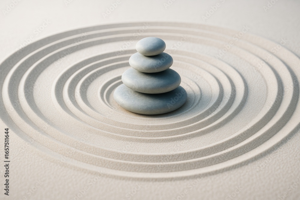 Poster balanced zen stones stacked in concentric sand circles on smooth light background in calming minimal