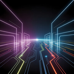 Obraz premium Vibrant neon circuits in a futuristic digital landscape