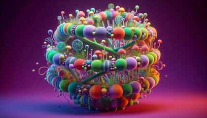 DNA multicolored mushrooms and green moss on purple background.