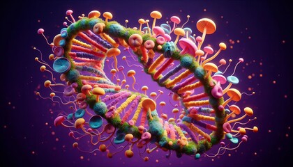 DNA multicolored mushrooms and green moss on purple background.