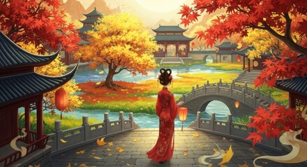 A serene autumn scene in traditional East Asian architecture