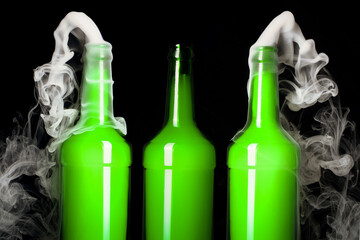 Green glass bottle with strange swirling smoke inside and out creating unique shapes and patterns