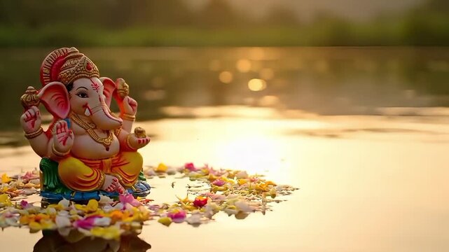 Clay Ganesha Idol Immersion on Water with Flowers, Ganesh Chaturthi Festival Ritual