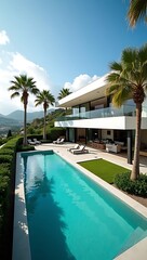 Aerial drone view of modern luxury villa with swimming pool, palm trees, and glass walls, bright sunny day, real estate showcase, no people