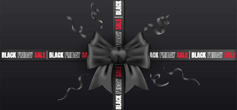 Black Friday special offer banner with black ribbon. Discount flyer template for holiday promotions, sales, and shopping ads. Editable vector poster for hot deals.