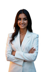 A South Asian female business magnate in a white blazer, arms crossed and standing tall against a background of glowing