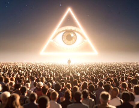 Vast crowd faces illuminated eye in triangle