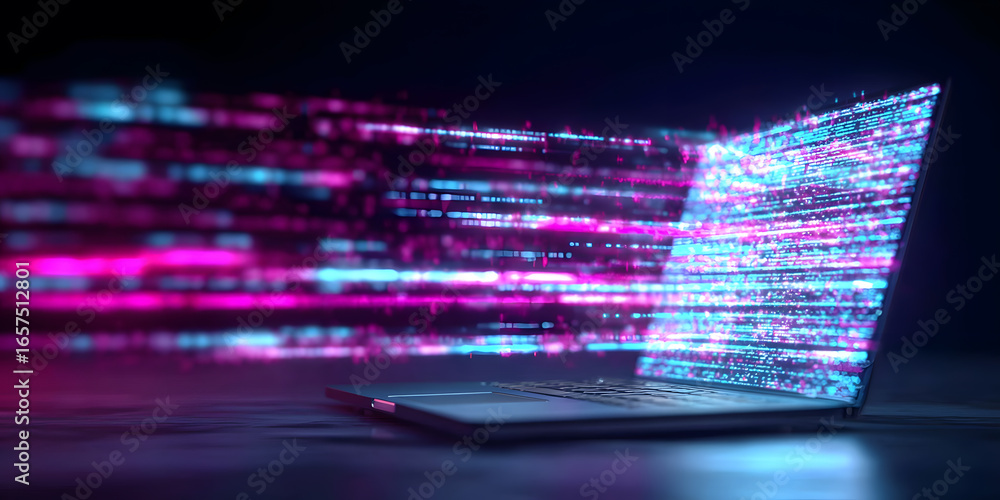 Poster laptop displaying vibrant digital code in a dark environment