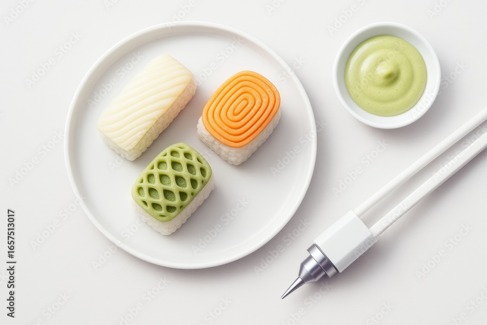 Poster Futuristic sushi pieces with geometric patterns and sauce on a white plate with high-tech chopsticks on light background. Ai generative. Ai generative